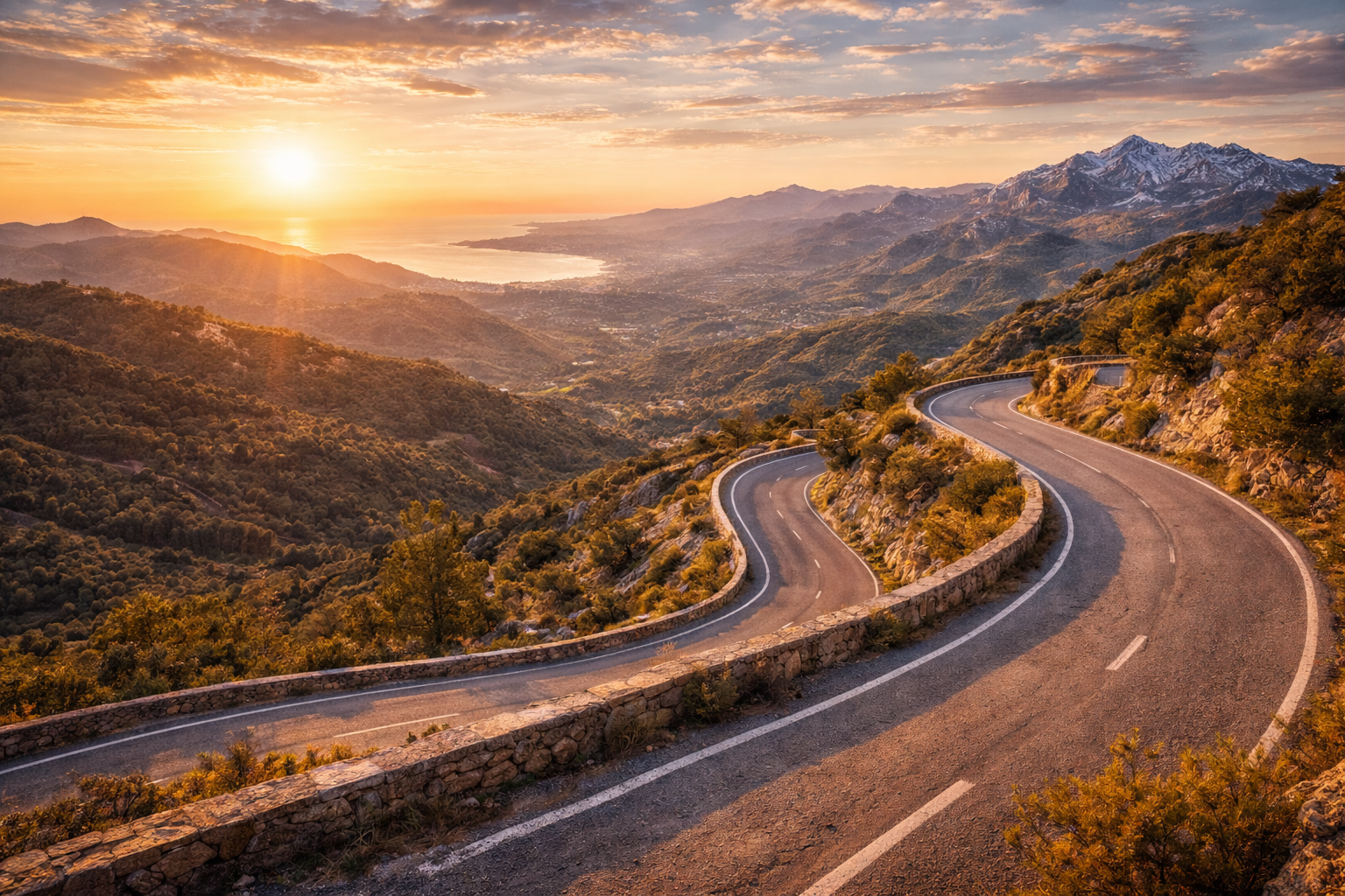 Kurvige Bergpassstraße durch andalusische Berglandschaft mit Panoramablick bei Sonnenuntergang