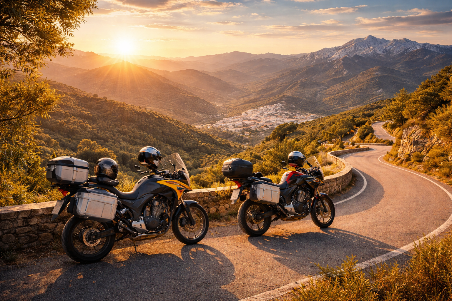 Geführte Motorradtour auf kurviger Bergstraße in Andalusien bei Sonnenuntergang