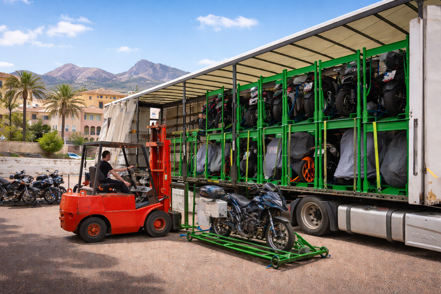 Motorradtransport per Spedition von Deutschland nach Spanien – Motorräder werden auf Transporter verladen
