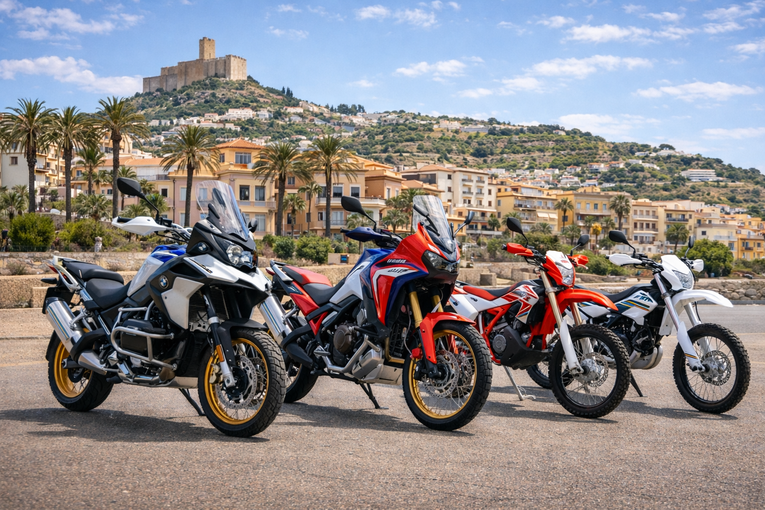 Motorradvermietung in Andalusien – verschiedene Tourenmotorräder und Enduros zum Mieten vor mediterraner Kulisse